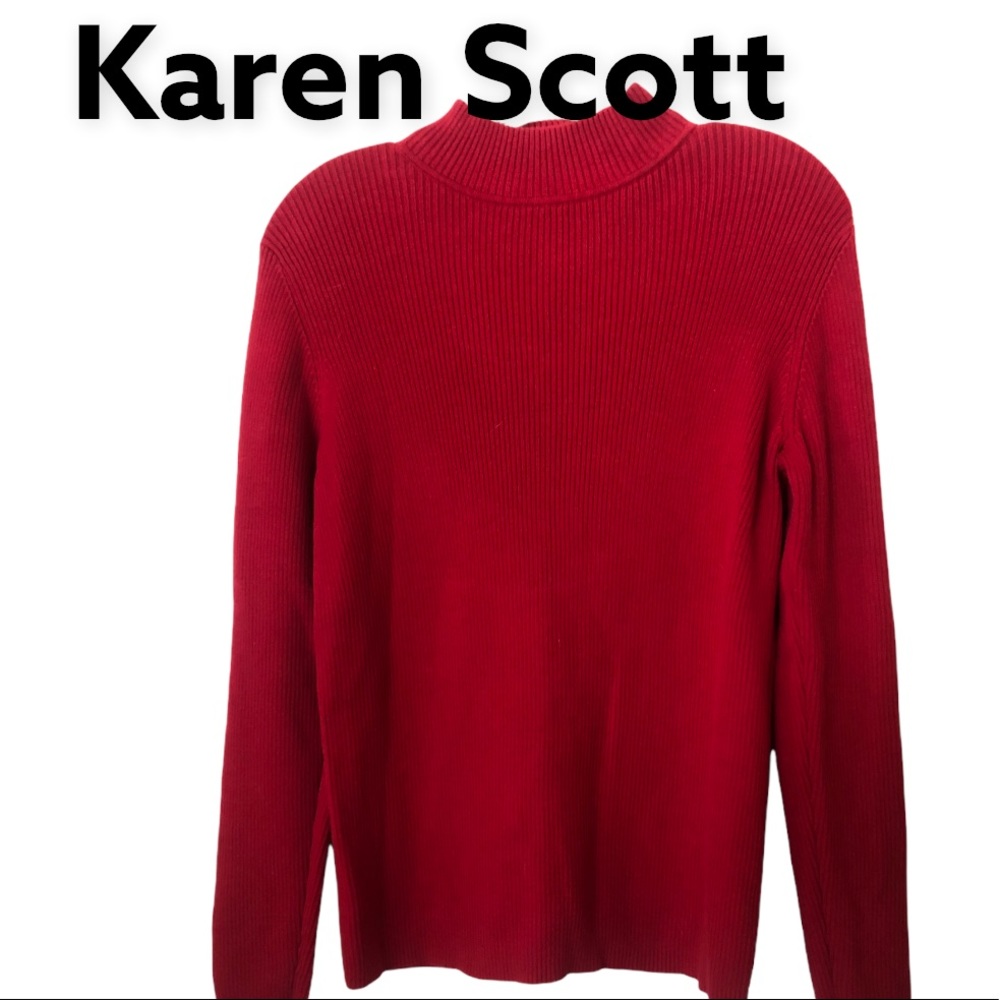 Karen Scott Ribbed Mockneck Pullover Cotton Sweater Red M